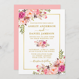 Modern Watercolor Pink Blush Floral Wedding Gold Invitation