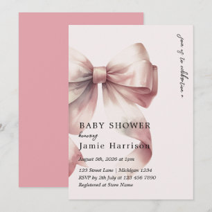 Modern Watercolor Pink Bow Baby Shower Invitation