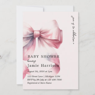 Modern Watercolor Pink Bow Baby Shower Invitation