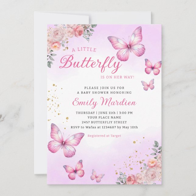 Modern Watercolor Pink Butterfly Girl Baby Shower  Invitation (Front)