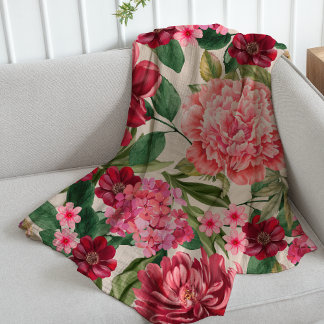 Modern Watercolor pink floral botanical greenery Fleece Blanket