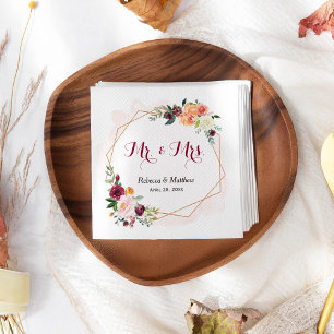 Modern Watercolor Pink Floral Mr and Mrs Wedding Napkin