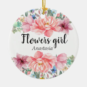 Modern Watercolor Pink Flowers  Ceramic Tree Decoration