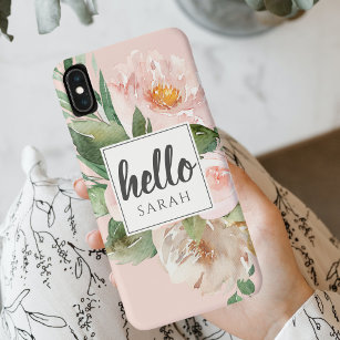 Modern Watercolor Pink Flowers & Hello & Name Case-Mate iPhone Case