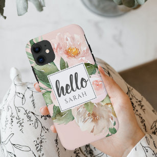 Modern Watercolor Pink Flowers & Hello & Name Case-Mate iPhone Case