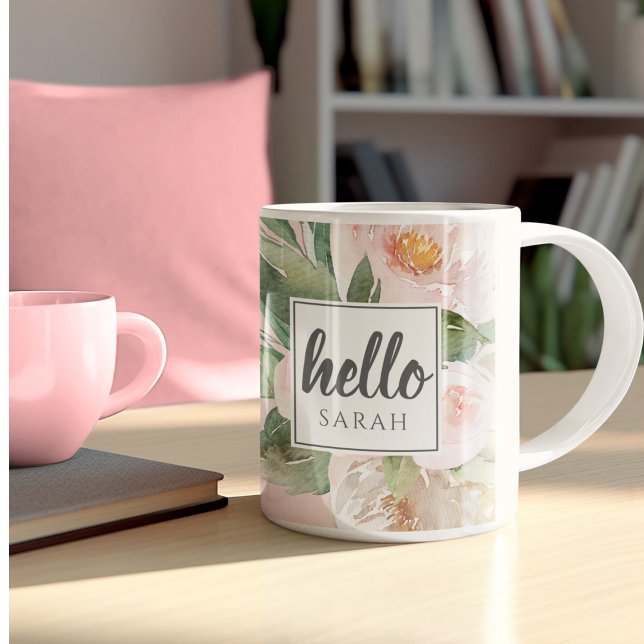 Modern Watercolor Pink Flowers & Hello & Name Coffee Mug (Creator Uploaded)