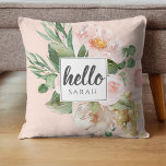Modern Watercolor Pink Flowers & Hello & Name Cushion<br><div class="desc">Modern Watercolor Pink Flowers & Hello & Name</div>