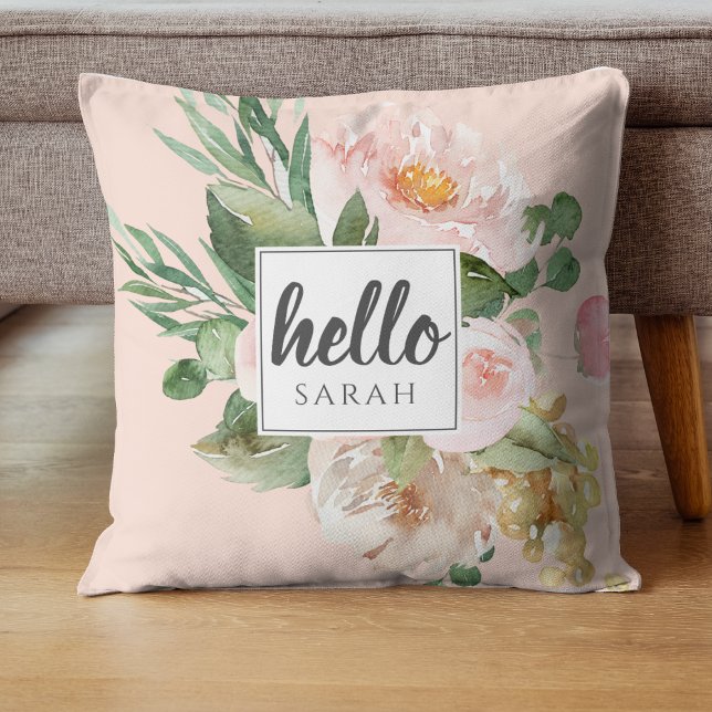 Modern Watercolor Pink Flowers & Hello & Name Cushion (Creator Uploaded)