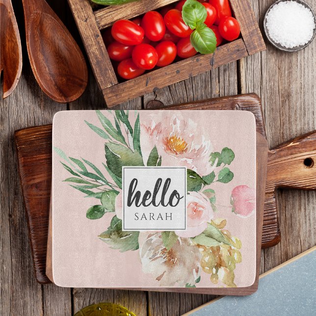 Modern Watercolor Pink Flowers & Hello & Name Cutting Board (Creator Uploaded)