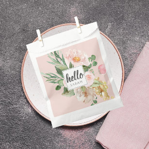 Modern Watercolor Pink Flowers & Hello & Name Favour Bags