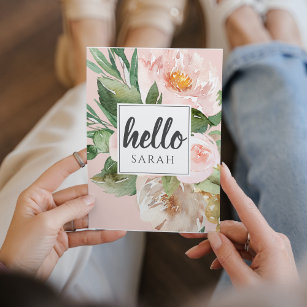 Modern Watercolor Pink Flowers & Hello & Name Holiday Card