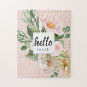 Modern Watercolor Pink Flowers & Hello & Name Jigsaw Puzzle