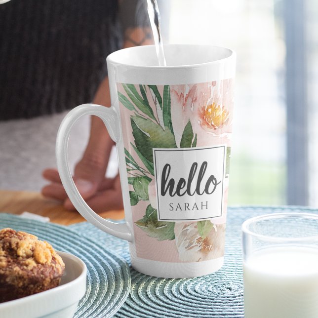 Modern Watercolor Pink Flowers & Hello & Name Latte Mug (Creator Uploaded)