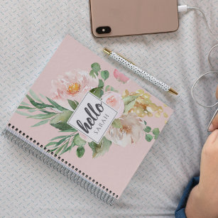 Modern Watercolor Pink Flowers & Hello & Name Notebook
