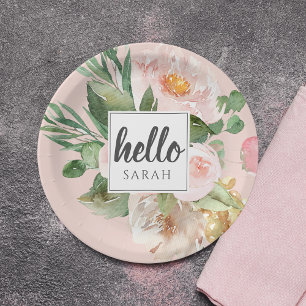 Modern Watercolor Pink Flowers & Hello & Name Paper Plate