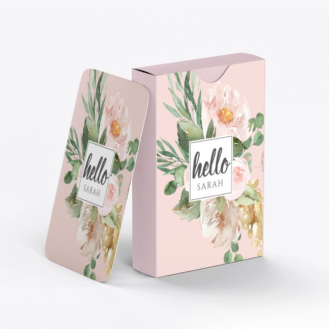 Modern Watercolor Pink Flowers & Hello & Name Playing Cards (Creator Uploaded)