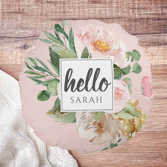 Modern Watercolor Pink Flowers & Hello & Name Round Cushion (Creator Uploaded)