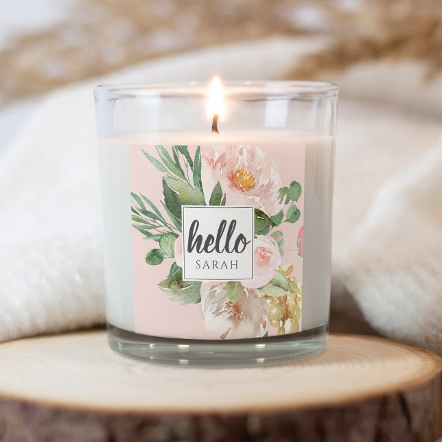 Modern Watercolor Pink Flowers & Hello & Name Square Sticker (Creator Uploaded)