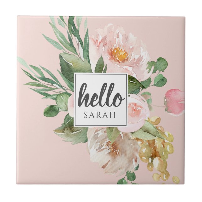 Modern Watercolor Pink Flowers & Hello & Name Tile (Front)