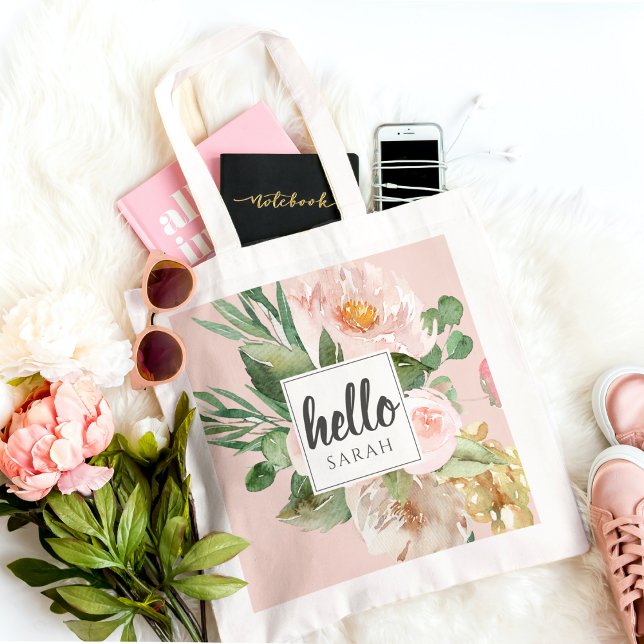 Modern Watercolor Pink Flowers & Hello & Name Tote Bag (Creator Uploaded)