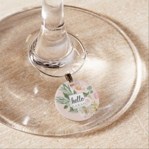 Modern Watercolor Pink Flowers & Hello & Name Wine Charm
