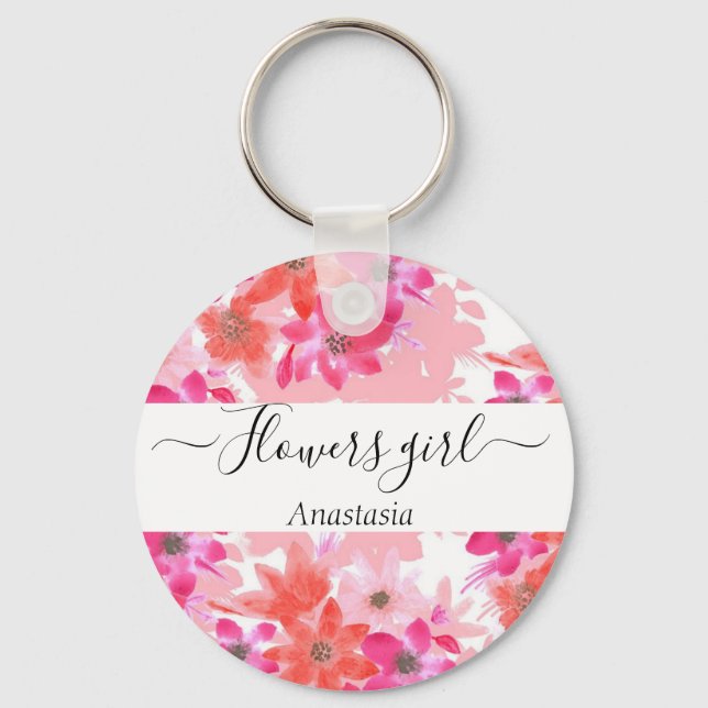 Modern Watercolor Pink Flowers  Key Ring (Front)