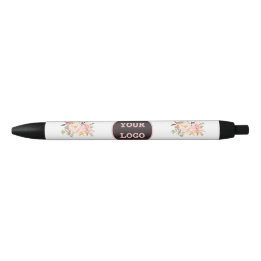 Modern Watercolor Pink Flowers Logo Black Ink Pen
