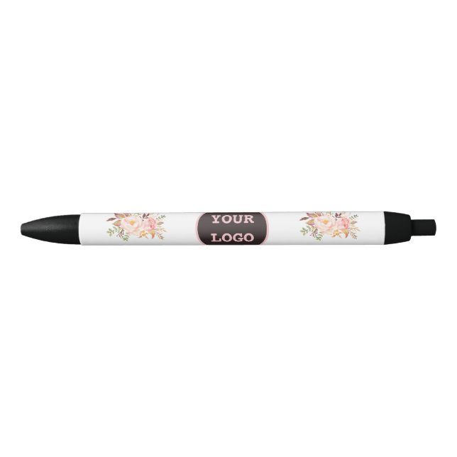 Modern Watercolor Pink Flowers Logo Black Ink Pen (Front)