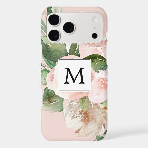 Modern Watercolor Pink Flowers Monogrammed