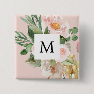 Modern Watercolor Pink Flowers Monogrammed 15 Cm Square Badge