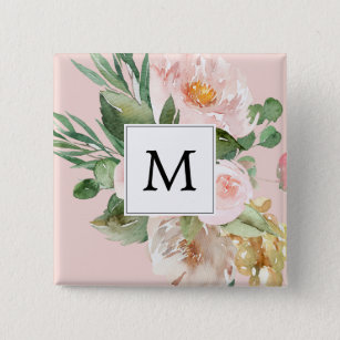 Modern Watercolor Pink Flowers Monogrammed  15 Cm Square Badge