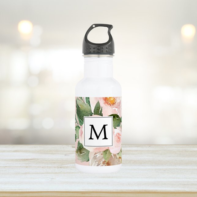 Modern Watercolor Pink Flowers Monogrammed  532 Ml Water Bottle (Creator Uploaded)
