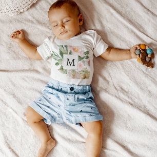 Modern Watercolor Pink Flowers Monogrammed Baby Bodysuit