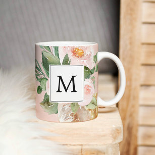 Modern Watercolor Pink Flowers Monogrammed  Coffee Mug