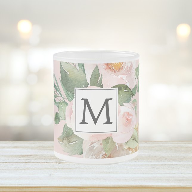 Modern Watercolor Pink Flowers Monogrammed  Frosted Glass Coffee Mug (Creator Uploaded)