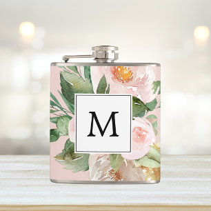Modern Watercolor Pink Flowers Monogrammed  Hip Flask