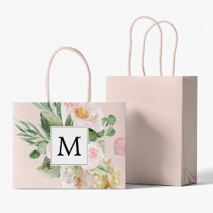 Modern Watercolor Pink Flowers Monogrammed  Large Gift Bag