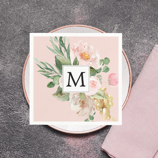 Modern Watercolor Pink Flowers Monogrammed  Napkin (Creator Uploaded)