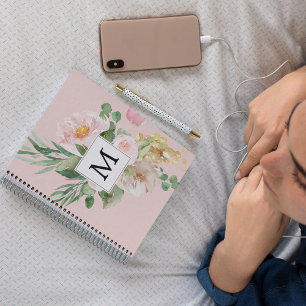 Modern Watercolor Pink Flowers Monogrammed  Notebook