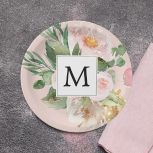 Modern Watercolor Pink Flowers Monogrammed  Paper Plate