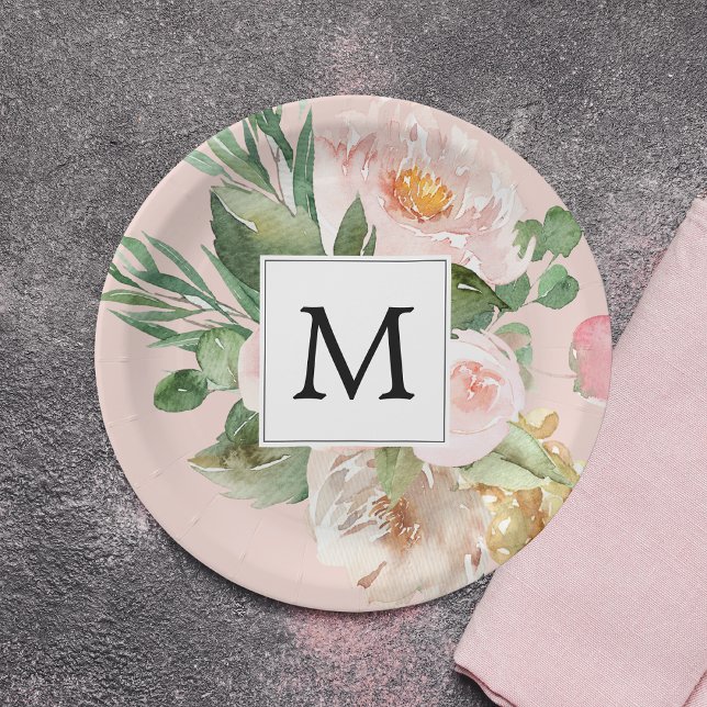 Modern Watercolor Pink Flowers Monogrammed  Paper Plate (Creator Uploaded)