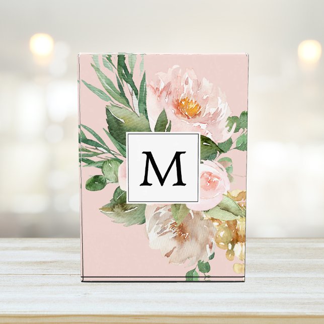 Modern Watercolor Pink Flowers Monogrammed  Photo Block (Creator Uploaded)