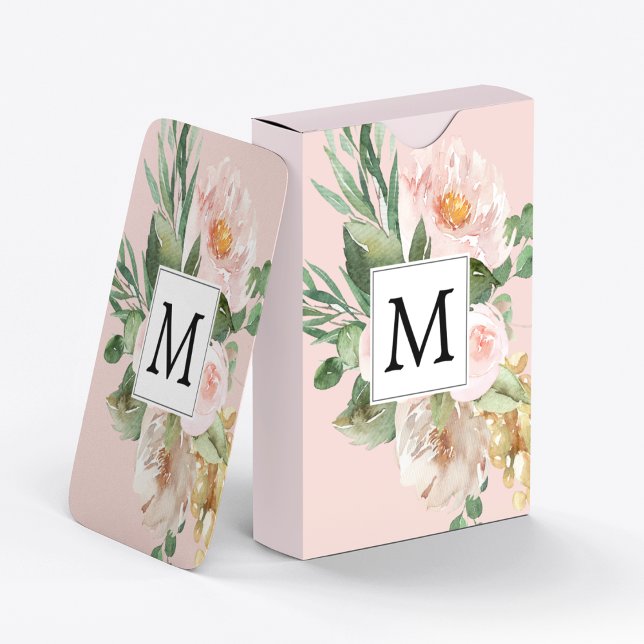 Modern Watercolor Pink Flowers Monogrammed  Playing Cards (Creator Uploaded)