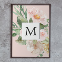 Modern Watercolor Pink Flowers Monogrammed 
