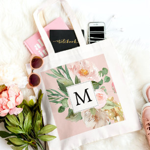 Modern Watercolor Pink Flowers Monogrammed Tote Bag