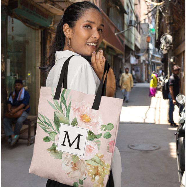 Modern Watercolor Pink Flowers Monogrammed  Tote Bag (Creator Uploaded)
