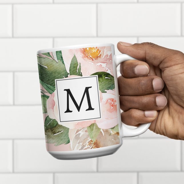 Modern Watercolor Pink Flowers Monogrammed  Two-Tone Coffee Mug (Creator Uploaded)