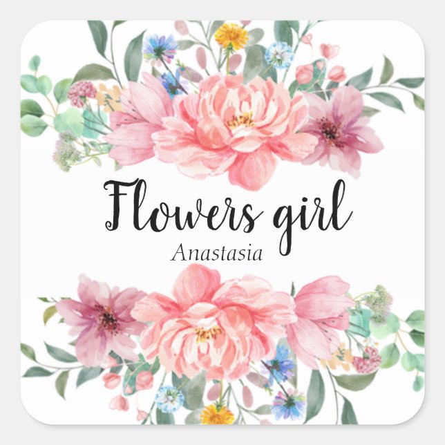 Modern Watercolor Pink Flowers  Square Sticker (Front)