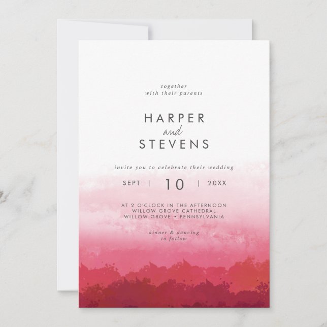  Modern Watercolor | Pink Front and Back Wedding Invitation (Front)