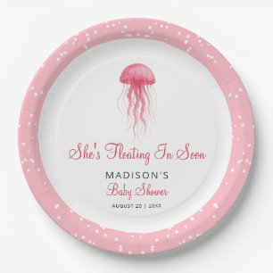 Modern Watercolor Pink Jellyfish Girl Baby Shower Paper Plate